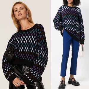 KOCHE Wool Cotton Chunky Knit Colorblock Stripe Crop Crewneck Pullover Sweater S